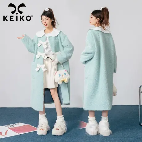 KEIKO 高级感长毛绒毛呢大衣长款过膝秋冬温柔蝴蝶结扎花呢子外套商品大图