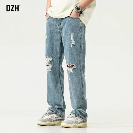 男士蓝色破洞牛仔裤男直筒宽松休闲裤子2023年新款老爹裤潮牌长裤商品大图