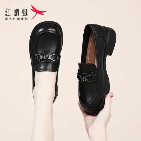 红蜻蜓女鞋春秋新款一脚蹬低跟乐福鞋女小皮鞋真皮英伦jk通勤夏季商品大图