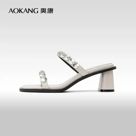 奥康女鞋 2024夏季新款法式高级感水钻凉鞋一字带露趾高跟拖鞋图片
