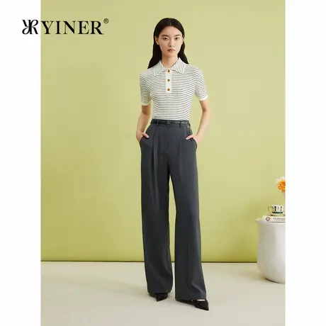 YINER音儿专选夏季法式经典条纹毛针织衫翻领亲肤透气轻上衣商品大图