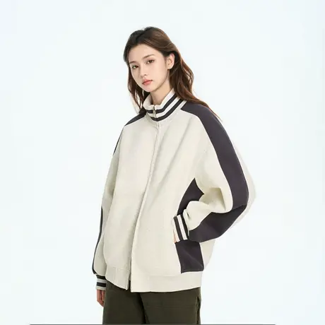 立领棒球服外套2025新款春秋美式运动风拼接拉链开衫卫衣女休闲图片