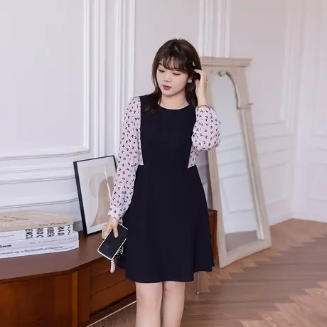 2023秋季新款拼接撞色提花假两件收腰显瘦遮肉胖MM大码雪纺连衣裙商品大图