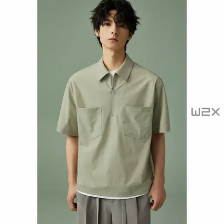 w2x夏季薄款速干polo领短袖衬衫男设计感宽松时尚百搭青年衬衣潮商品大图