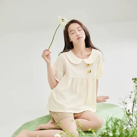 安之伴梭织棉巨凉感夏季纯棉睡衣女款短袖短裤薄款甜美可爱家居服商品大图