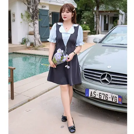 2023年夏装新款花瓣领撞色收腰显瘦甜美减龄雪纺大码胖mm连衣裙图片