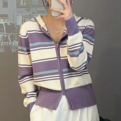 洋气减龄撞色条纹长袖连帽拉链针织开衫韩版学院风上衣女外穿外套图片