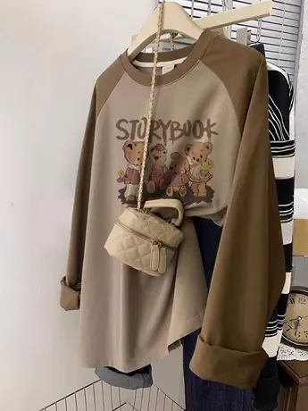 hiphop潮牌闺蜜装上衣秋季薄款外穿长袖T恤女ins撞色插肩袖打底衫商品大图