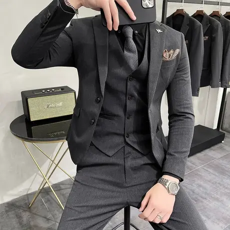 时尚西装套装男修身韩版两粒扣职业正装痞帅新郎结婚礼服三件套潮商品大图