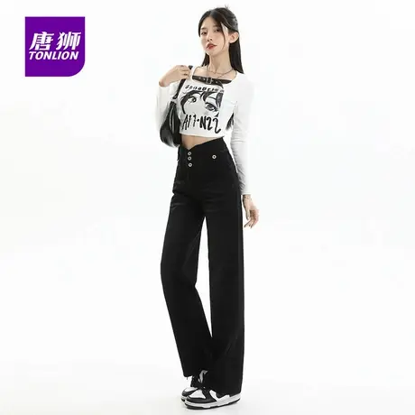 唐狮高腰阔腿牛仔长裤女2025秋季复古直筒显瘦宽松裤子翻边AX图片