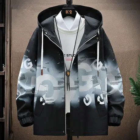 渐变夹克男生春秋新款潮牌连帽上衣服青少年潮流百搭休闲男士外套商品大图