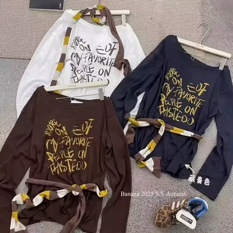 韩国东大门秋季新款美式复古字母印花斜肩长袖T恤女百搭休闲上衣商品大图