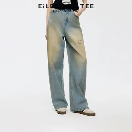 朗姿欧洲EiLEEN ELITEE2025秋新款100%棉水洗牛仔阔腿裤镰刀裤女图片