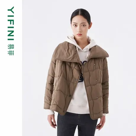 [专柜同款]Yifini/易菲大翻领不规则绗线宽松短款棉服外套女棉衣商品大图