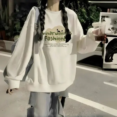 美式白色卫衣女2025秋季新款小个子印花气质休闲加绒圆领长袖上衣商品大图