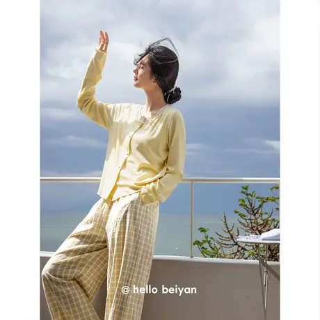 贝妍新款睡衣女春秋季柔软棉长袖家居服甜美显白设计感假两件套装商品大图