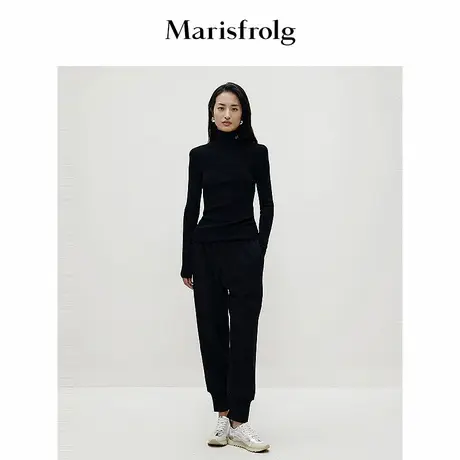 【松弛裤装】Marisfrolg玛丝菲尔冬黑色罗纹束脚休闲裤商品大图