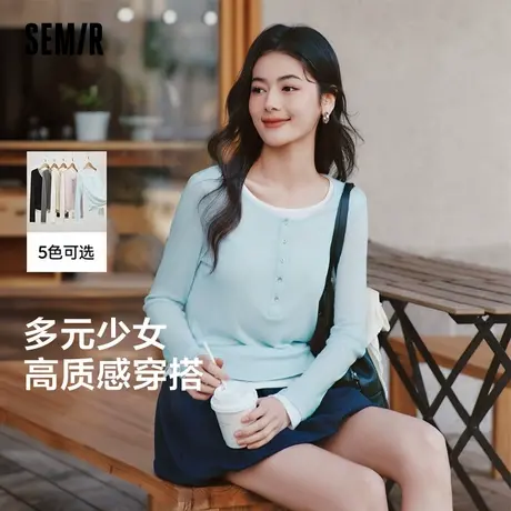 森马长袖T恤女短款修身简约2025秋新款假两件撞色打底衫蓝色上衣商品大图