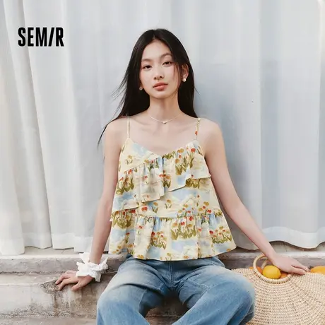 森马衬衫女短款修身荷叶边度假风2025夏新款甜美满印吊带小衫俏XY图片