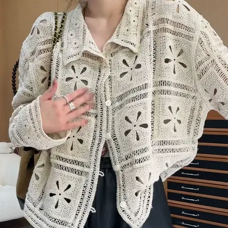 法式复古提花镂空翻领毛衣女早秋季慵懒风高级感宽松针织开衫上衣商品大图