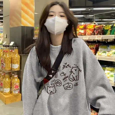 早秋灰色圆领卫衣女2025新款爆款美式宽松秋冬季加绒加厚无帽上衣商品大图