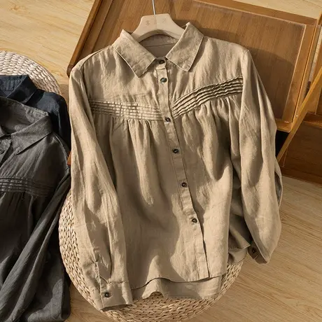 享永子【浪漫风琴】春秋厚麻 琴褶法式亚麻衬衫文艺复古宽松上衣图片