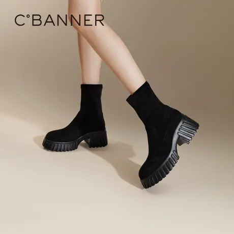 千百度饼干厚底瘦瘦靴女款百搭冬季气质显瘦弹力靴袜靴增高短靴子图片