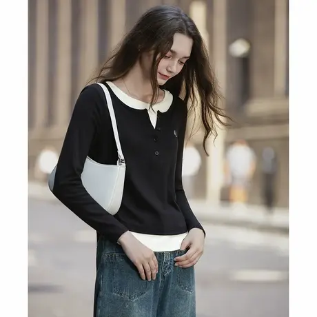 唐狮秋冬女假两件撞色拼接气质温柔风针织打底衫外穿修身显瘦tu图片