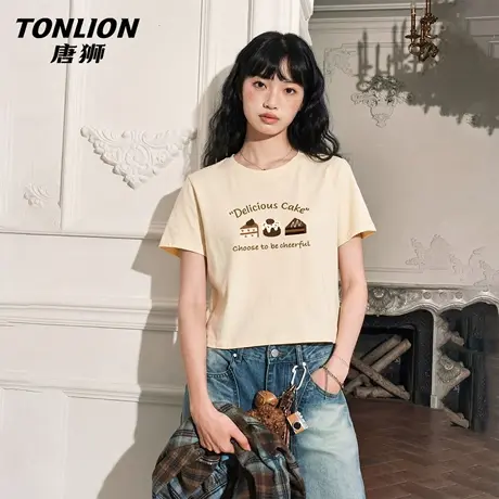 唐狮官方纯棉短袖t恤女2026新款春夏美式宽松短款半袖正肩上衣VC商品大图