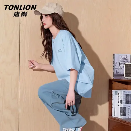 唐狮官方蓝色休闲短袖t恤女2026新款夏季女款宽松纯棉半袖上衣VB图片