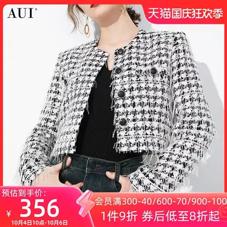 AUI黑白格气质小香风短外套女冬2023新款小个子圆领长袖百搭上衣商品大图