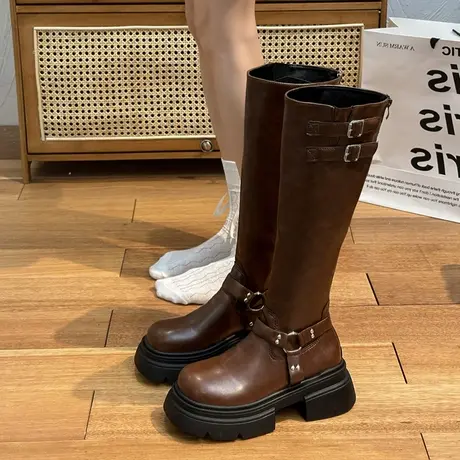 棕色厚底靴子女长筒靴2023年秋季新款小个子西部牛仔靴粗跟骑士靴商品大图