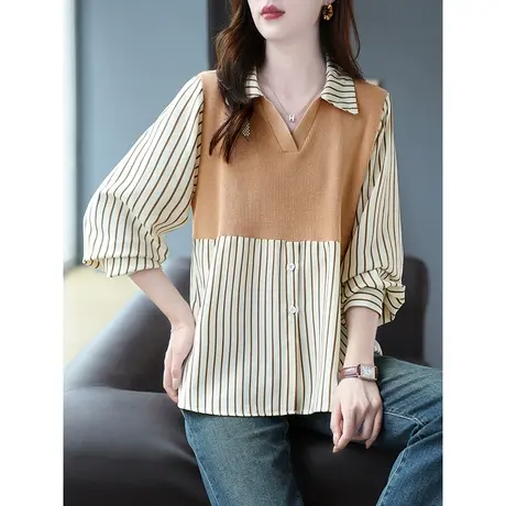 宝诗黎针织拼接竖条纹长袖套头衬衫2023春秋季设计感小众宽松上衣商品大图