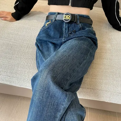 蓝色阔腿牛仔裤女秋冬2023年新款高腰复古垂感小个子直筒拖地女裤商品大图