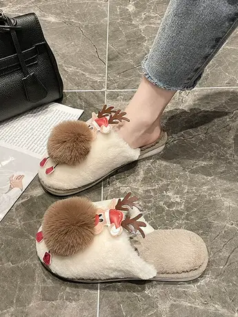 平底毛毛拖鞋女外穿时尚2023年新款秋冬季毛球一字包头保暖棉拖鞋商品大图