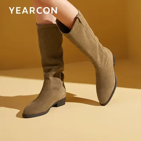 意尔康长筒靴女秋冬新款复古西部牛仔靴尖头显瘦女款粗跟平底靴子图片