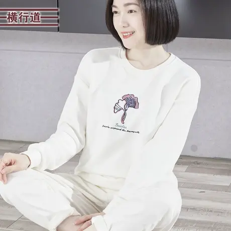 2023冬季新款简约淑女圆领螺纹绣花落肩宽松卫衣女大码上衣服外穿图片