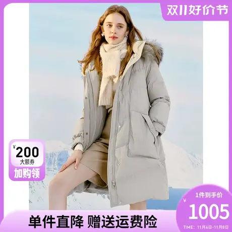 秋水伊人灰色连帽鸭绒羽绒服冬装女2023年新款中长款毛领冬季外套图片