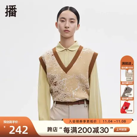 播秋季新款马夹宽松休闲满版提花V领针织马甲女BDP3SD1653图片