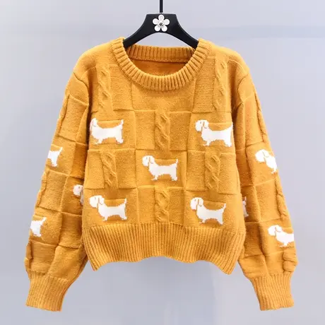 日系卡通小狗提花毛衣女秋冬2023新款宽松慵懒风长袖套头针织上衣图片