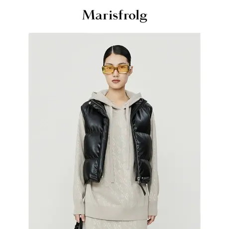 【意大利进口面料】玛丝菲尔冬季新款黑色PU皮羽绒马甲商品大图