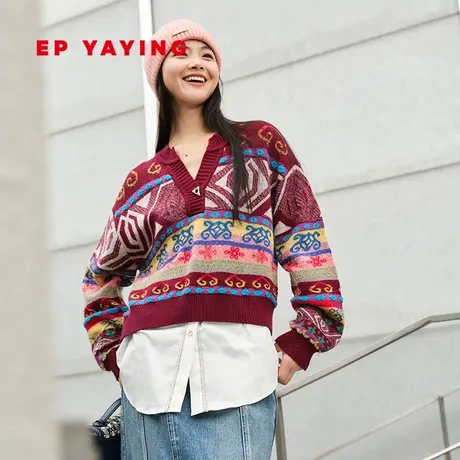 EP雅莹女装 民族风提花羊毛羊绒混纺针织毛衣 2023秋冬新款9523A商品大图