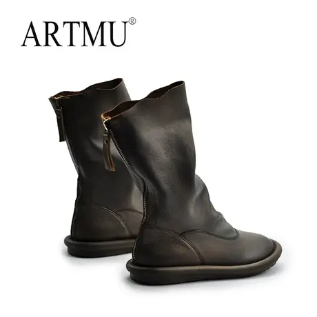 Artmu阿木原创复古小众倒靴堆堆靴平底中筒靴圆头真皮女靴子新款图片