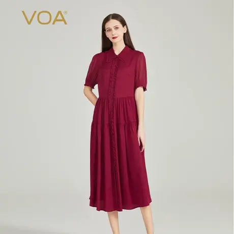 VOA暗纹提花桑蚕丝酒红POLO领短袖单排扣宽松腰木耳真丝连衣裙图片