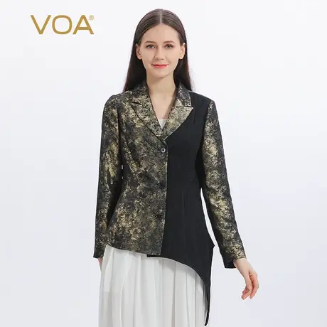 VOA真丝色织提花西装领长袖单排扣不对称风琴褶尖角摆桑蚕丝外套图片