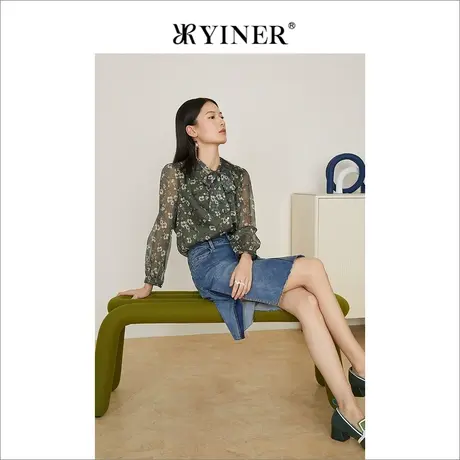 YINER音儿女装2022春季新款碎花拼接网纱袖蝴蝶结衬衫商品大图