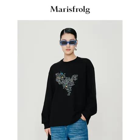 【环保面料系列】玛丝菲尔春季新款黑色圆领时尚印花长袖T恤女图片