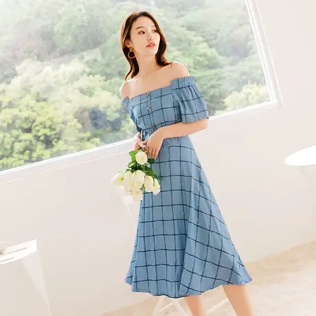 桔熊夏季性感露肩一字领格子短袖收腰连衣长裙女神大码DA8630图片