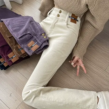 米白色灯芯绒喇叭裤女冬季新款高腰显瘦加绒雪尼尔条绒马蹄微喇裤图片