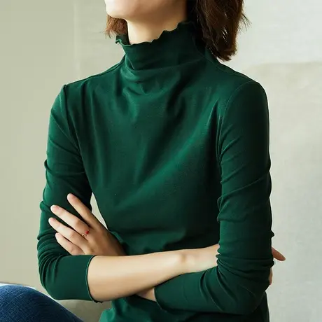 高领打底衫女春季大码长袖内搭绿色洋气保暖上衣堆堆领黑t恤商品大图